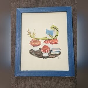 Blue Framed Frog Reading Wall Art